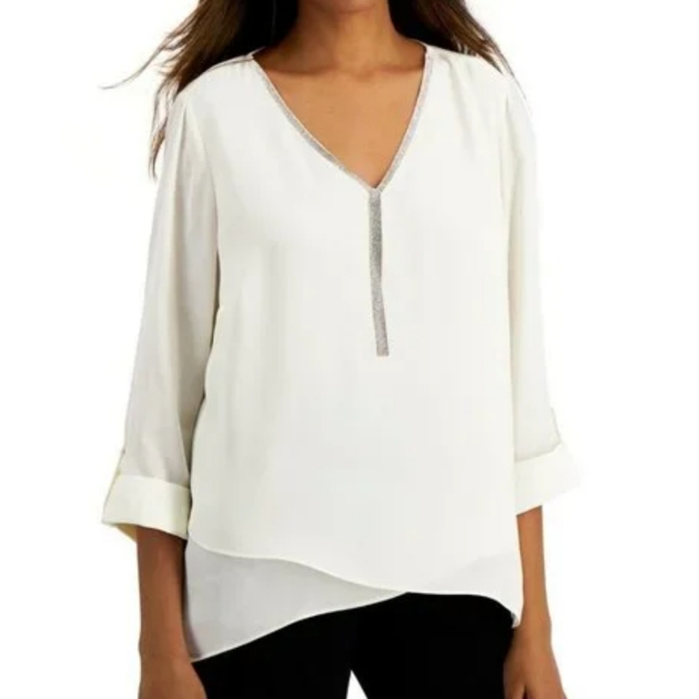 JM Collection Cream Asymmetrical 3/4 Sleeve Blouse Size Large